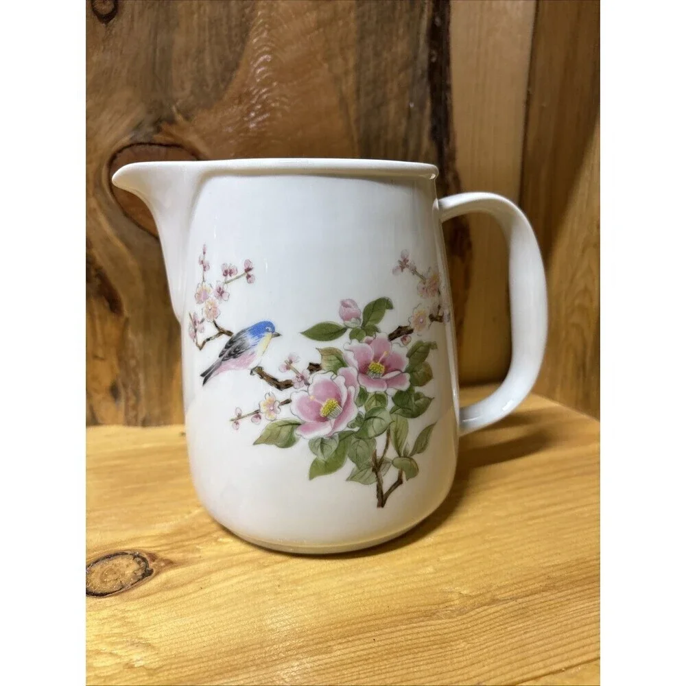 Vintage Japanese Takahashi Chinoiserie Pitcher Blue Bird & Flowers Asian EUC